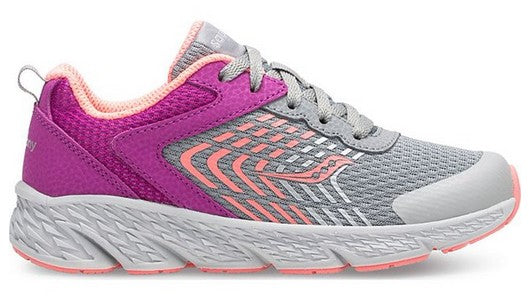 Allen's Bootery Big Kid's Wind purple and grey athletic sneakers with breathable mesh, leather, and lace closure.