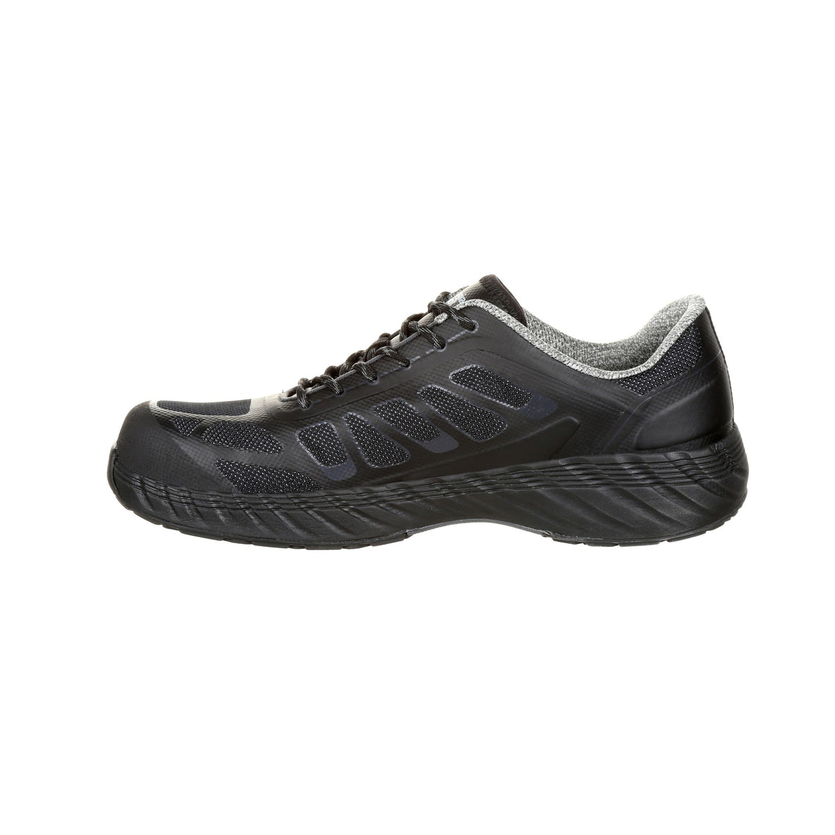 Allen's Bootery ReFLX black composite toe work athletic shoe with breathable mesh and slip-resistant rubber outsole.