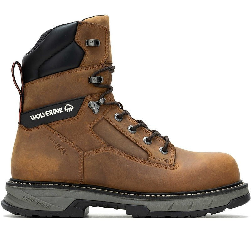 Allen's Bootery ReForce 8-inch waterproof brown leather work boot with CarbonMax composite toe and EnergyBound midsole.
