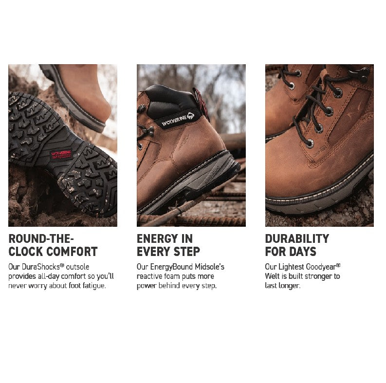 Allen's Bootery ReForce 6-inch waterproof leather work boots featuring EnergyBound midsole and DuraShocks outsole.