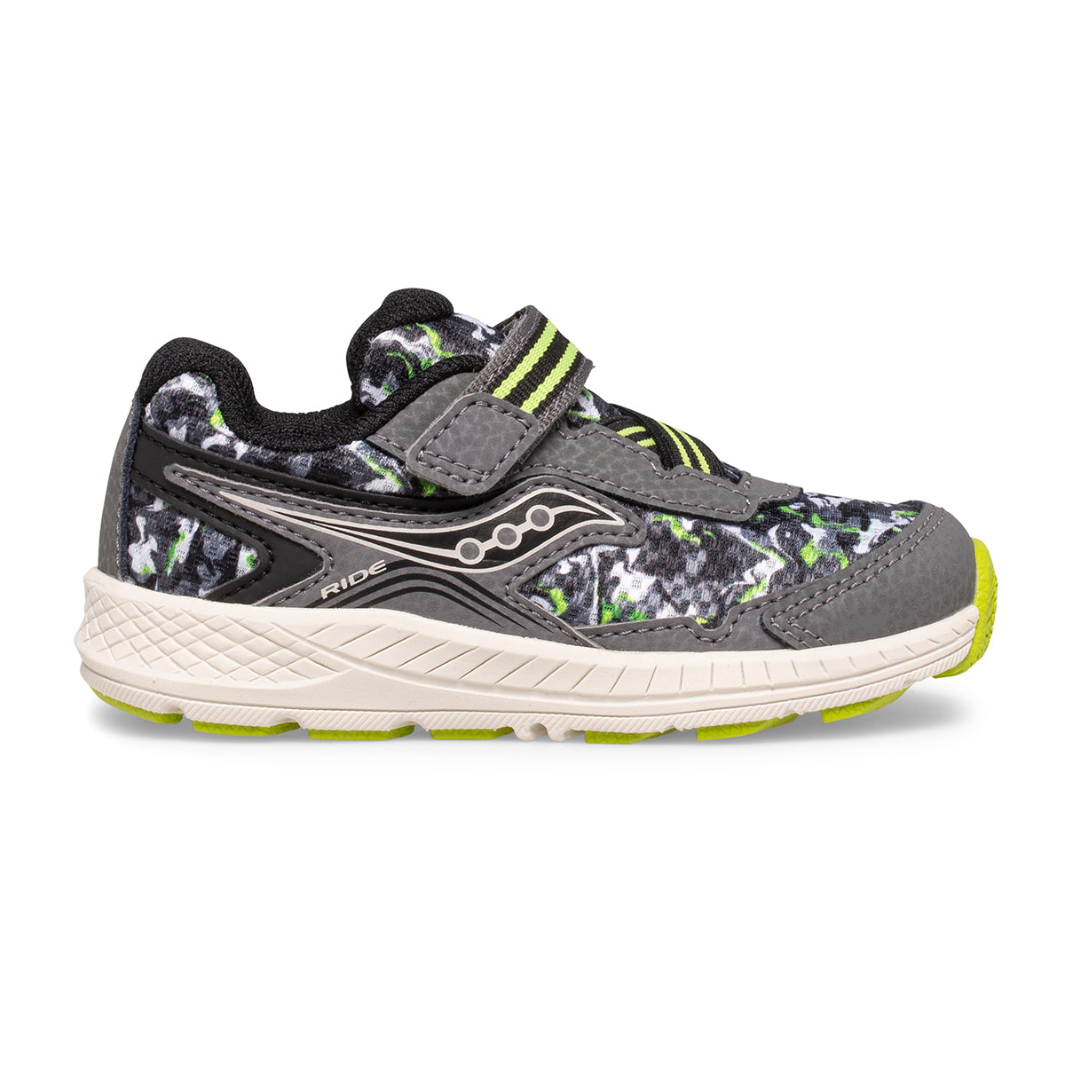 Allen's Bootery infant and toddler Ride sneaker in olive and camo print with leather and mesh upper and velcro strap.