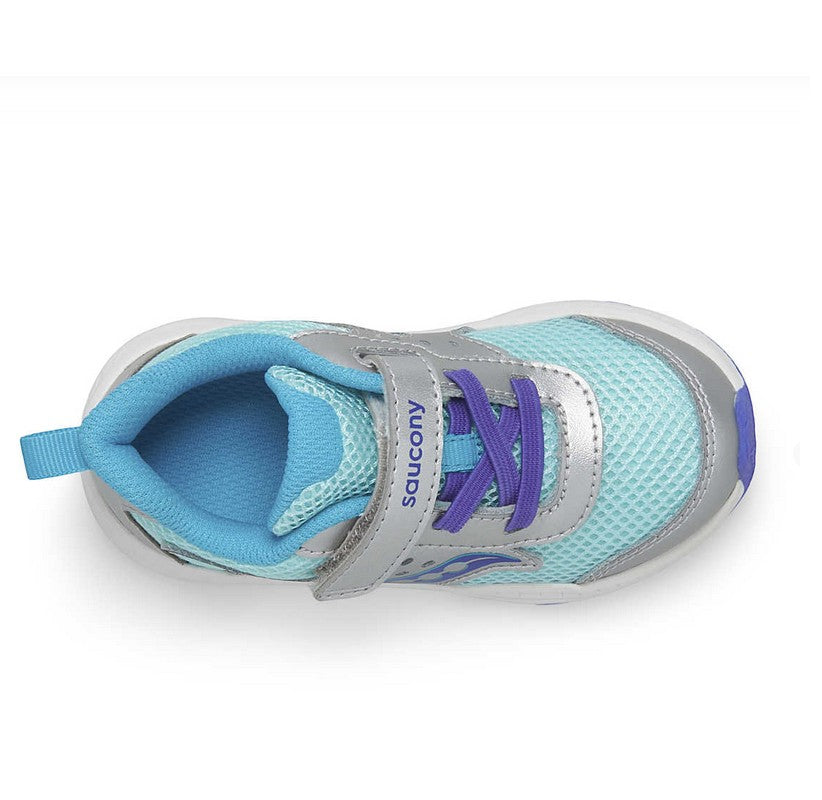 Allen's Bootery Ride Jr. infant sneaker in silver and turquoise mesh with hook and loop closure and purple laces.
