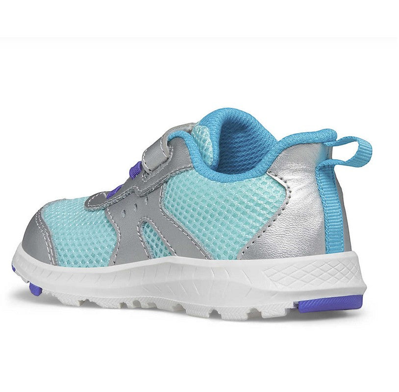 Allen's Bootery Ride Jr. infant sneaker in silver and turquoise mesh with hook and loop closure and grip outsole.