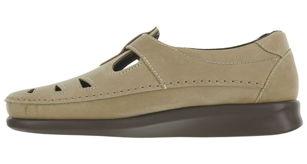 Allen's Bootery Roamer sage leather moccasin shoe with cutout details, adjustable strap, and cushioned brown sole.