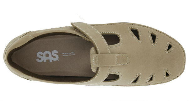 Allen's Bootery SAS Roamer sage leather cutout comfort shoe with adjustable strap and removable footbed, top view