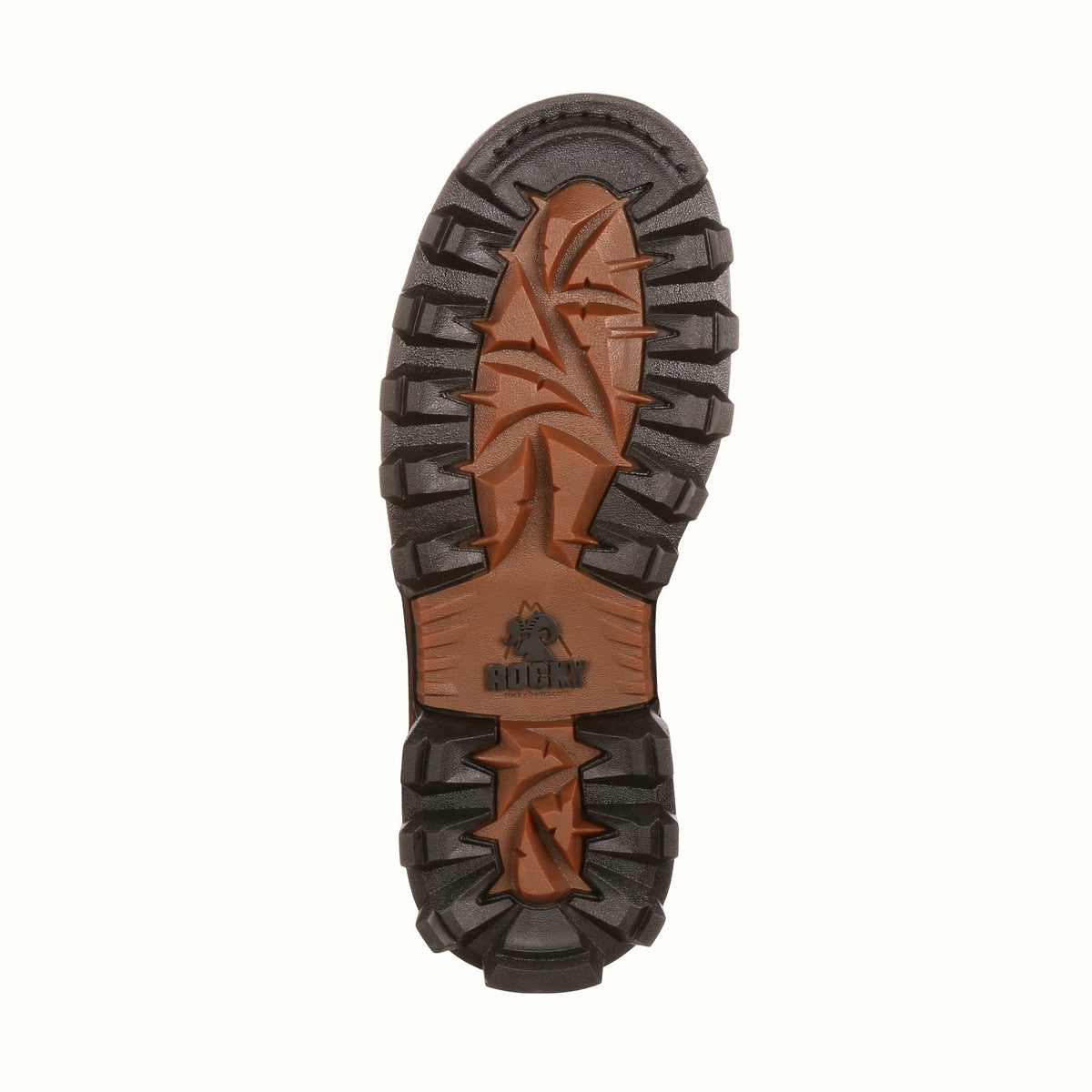 Allen's Bootery Rocky BearClaw hunting boot outsole featuring a rugged brown and black 3D tread pattern