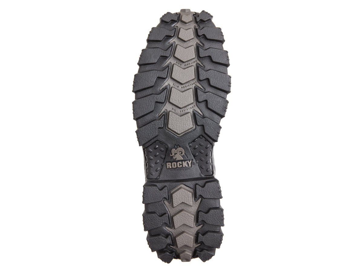 Allen's Bootery Rocky Alpha Force boot black oil and slip-resistant RigiTrac rubber outsole view
