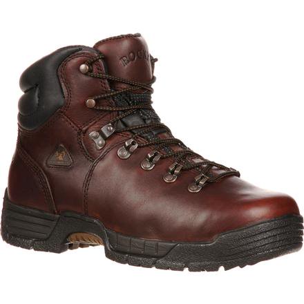 Allen's Bootery Rocky MobiLite brown leather 6-inch steel toe waterproof work boots with lace-up design.
