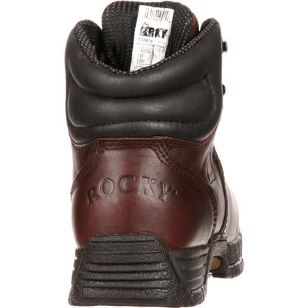 Allen's Bootery Rocky MobiLite brown leather steel toe work boot, rear view showing padded collar and heel counter.