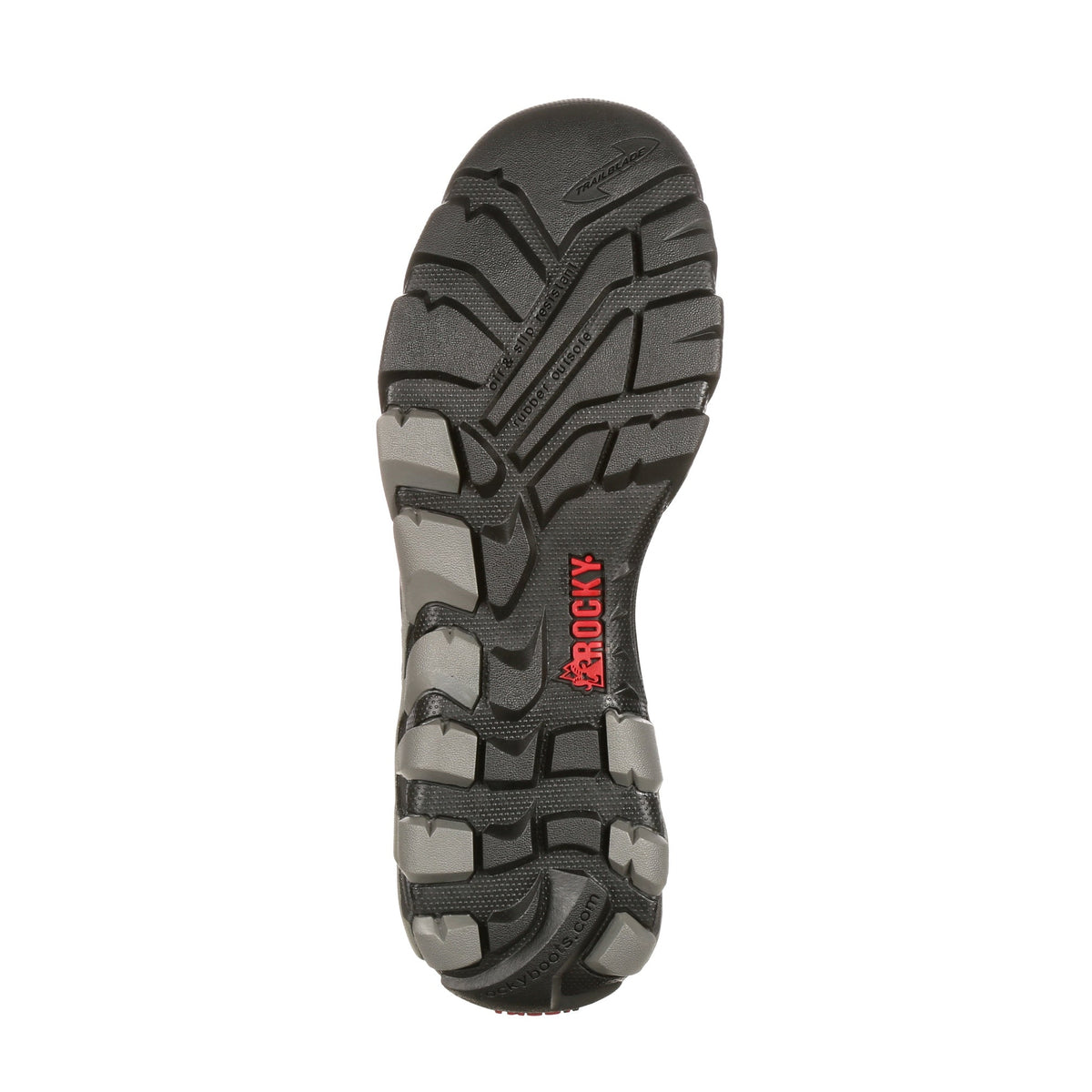 Allen's Bootery Rocky TrailBlade work shoe black and grey slip-resistant rubber outsole with tread pattern