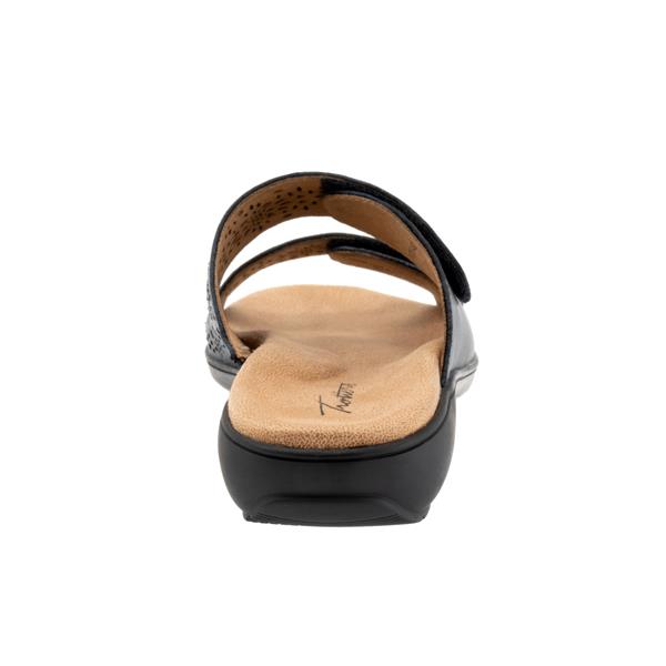 Allen's Bootery Ruthie navy leather two-band slide sandal with geometric perforations and cushioned footbed