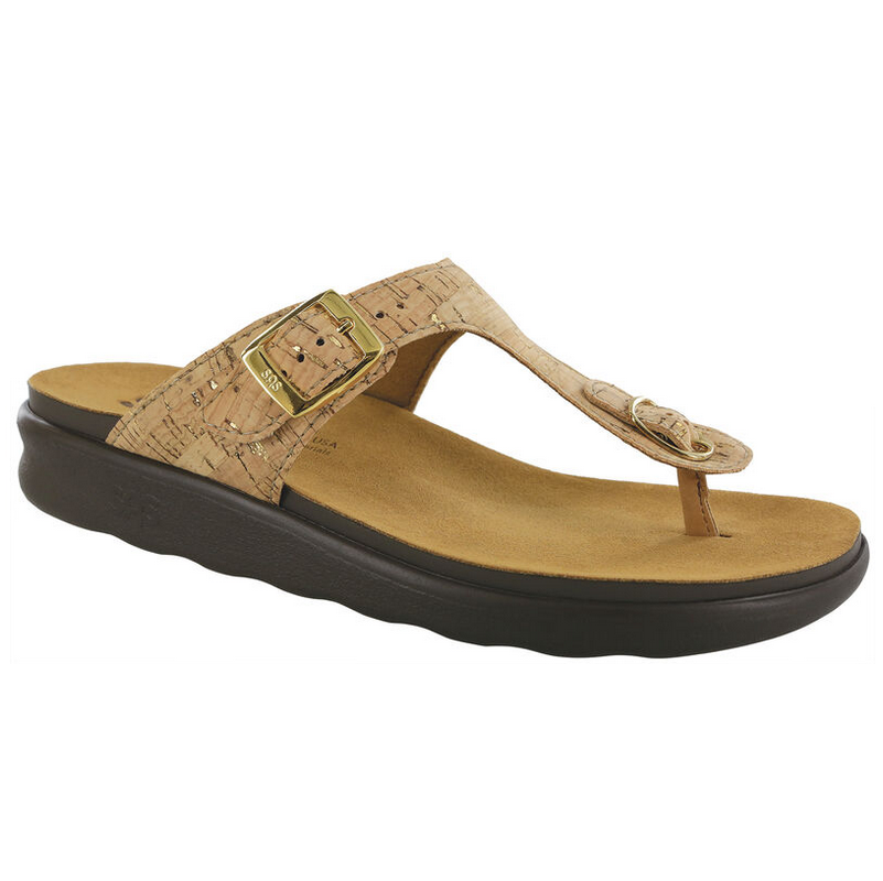 Allen's Bootery Sanibel gold cork toe-post sandal with adjustable buckle and cushioned arch support footbed