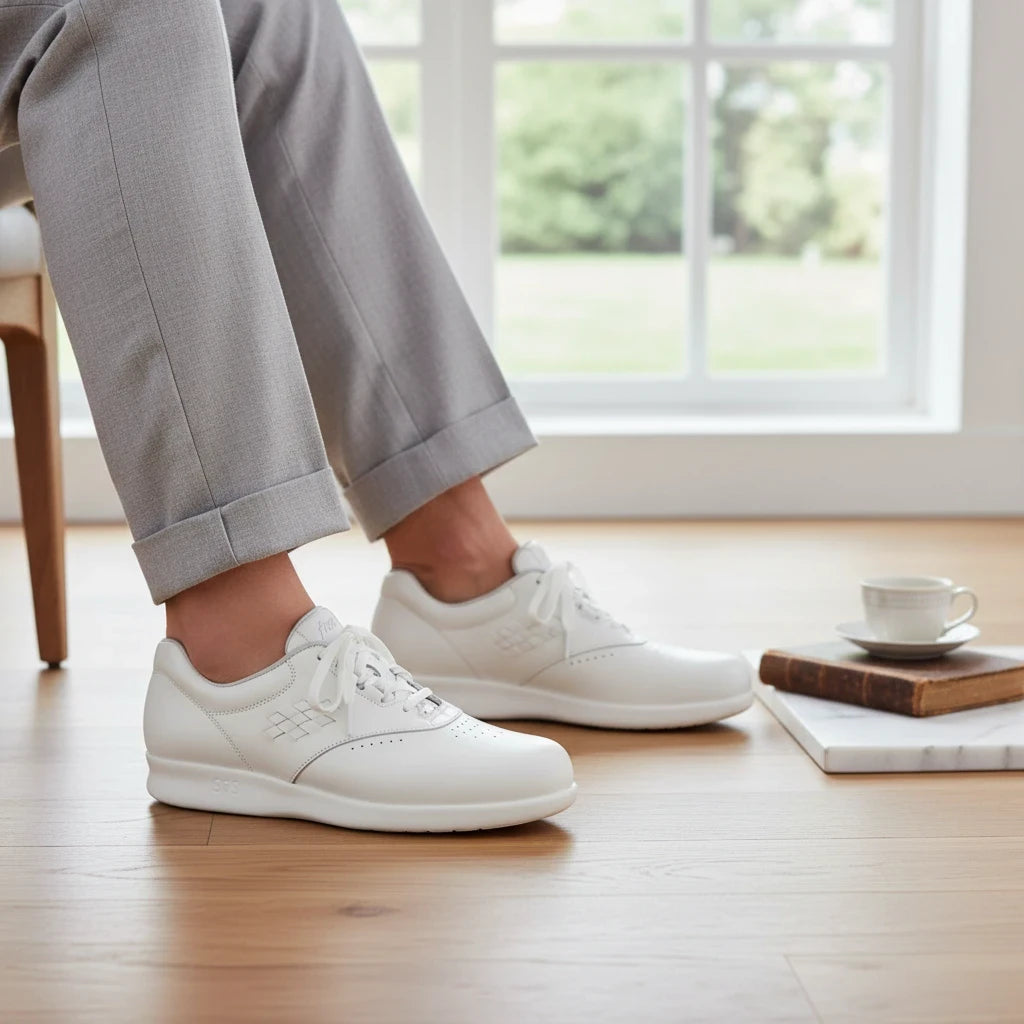 Allen's Bootery SAS Free Time white leather walking shoe worn with grey trousers in a bright, indoor setting.