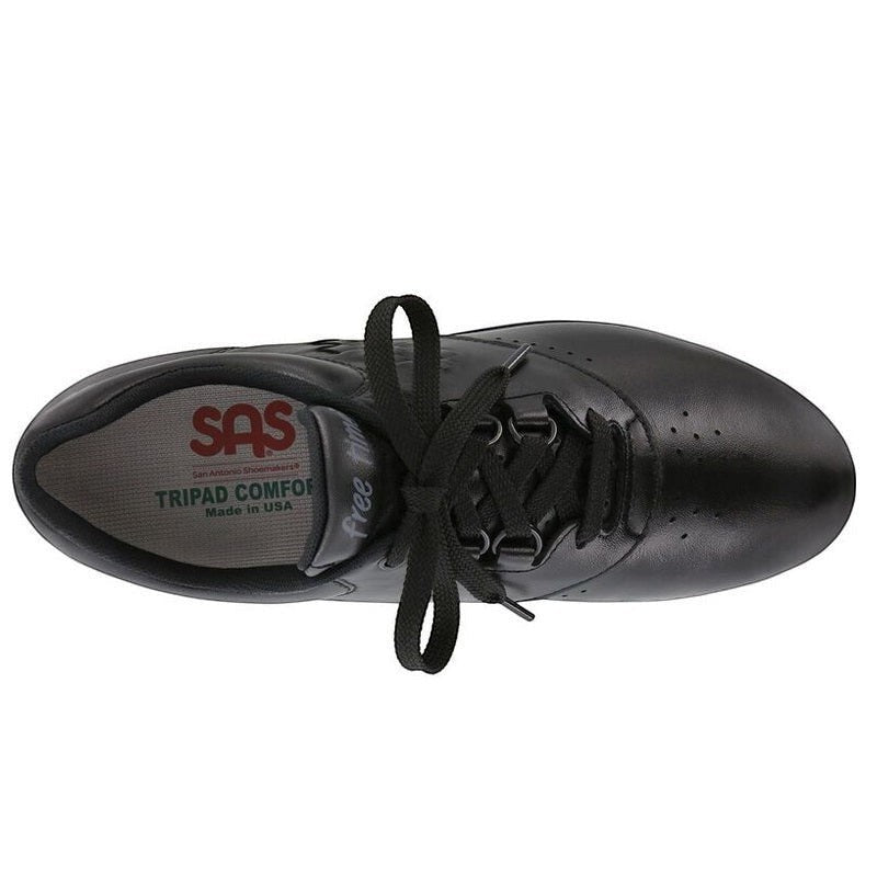 Allen's Bootery SAS Freetime black leather walking shoe with EZ Lace system and cushioned footbed, top view.