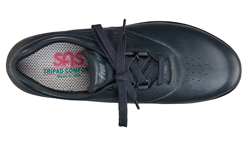 Allen's Bootery SAS FREETIME navy leather walking shoe with EZ Lace system and cushioned footbed, top view.