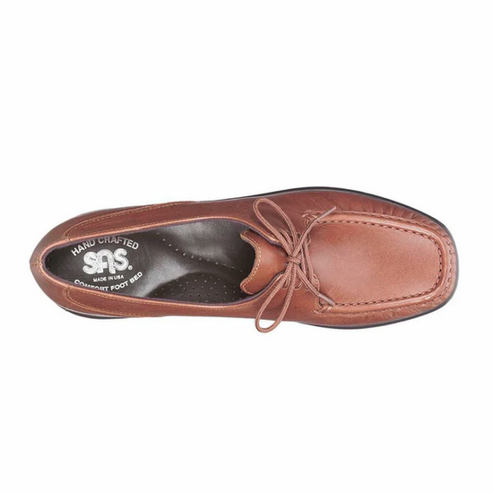 Allen's Bootery SAS Petra tan leather moccasin loafers with lace-up closure and cushioned footbed, top-down view.