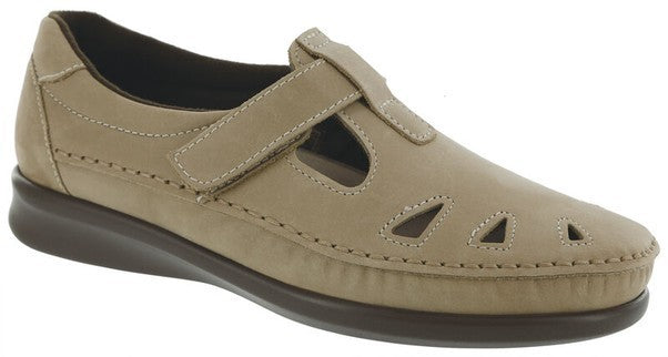 Allen's Bootery SAS Roamer sage leather walking shoe with cutout details and adjustable hook-and-loop closure