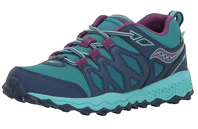 Allen's Bootery Saucony Peregrine Shield navy and turquoise girls trail running sneaker with durable rubber outsole