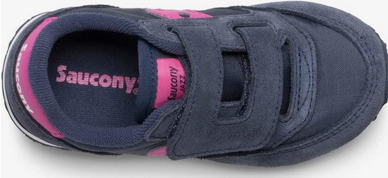 Allen's Bootery Saucony Jazz little kid's sneaker in navy and pink with leather and mesh upper and hook-and-loop strap