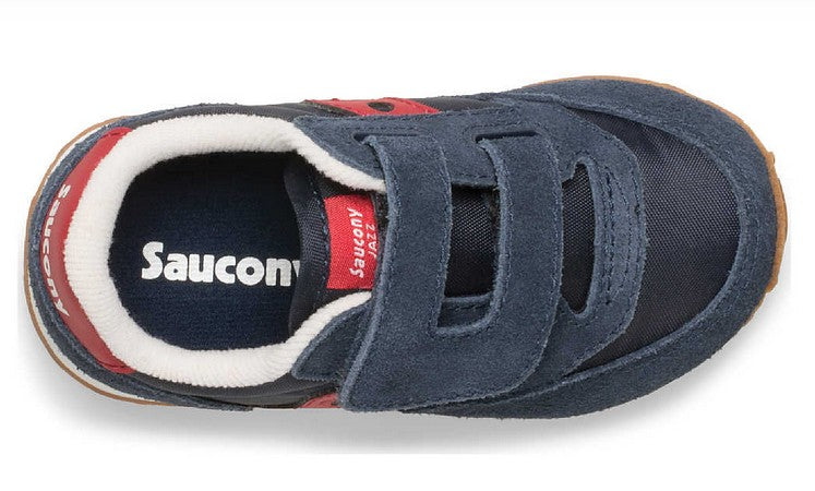 Allen's Bootery Saucony Jazz toddler sneakers in navy and red with leather and mesh upper and hook-and-loop closure