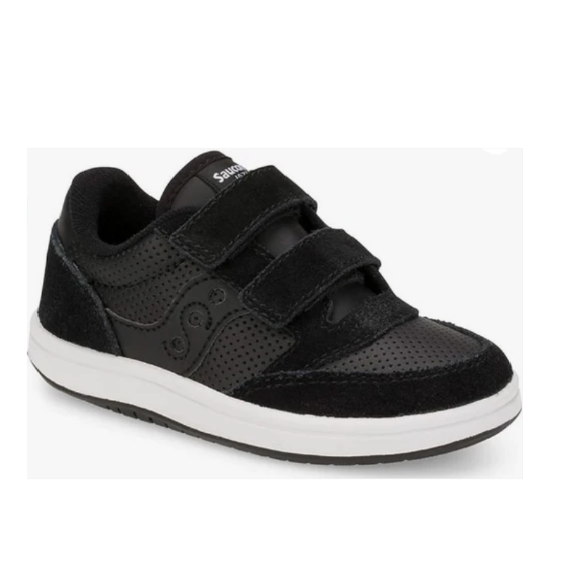 Allen's Bootery Saucony Kids black suede and nylon sneaker with adjustable hook-and-loop closure and white midsole.