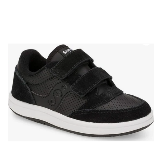 Allen's Bootery Saucony Kids black suede and nylon sneaker with adjustable hook-and-loop closure and white midsole.
