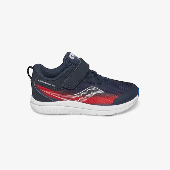 Allen's Bootery Saucony Kinvara 14 A/C kids running shoe in navy and red with a hook-and-loop strap closure.