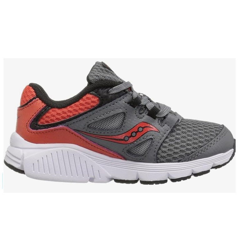 Allen's Bootery Saucony Kotaro 4 boys running shoe in grey and orange with breathable mesh and lightweight EVA sole