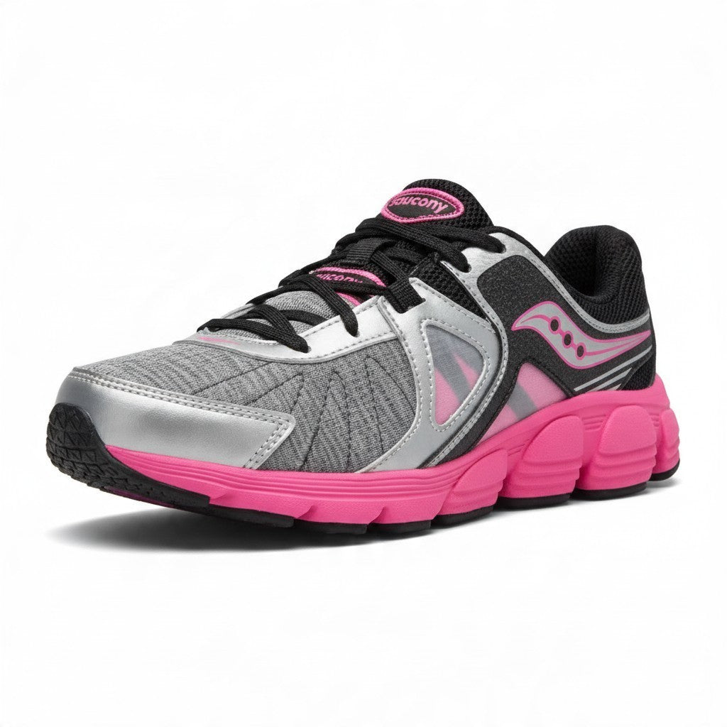 Allen's Bootery Saucony Kotaro 3 big kid's running shoe in silver, black, and pink with lace-up closure.