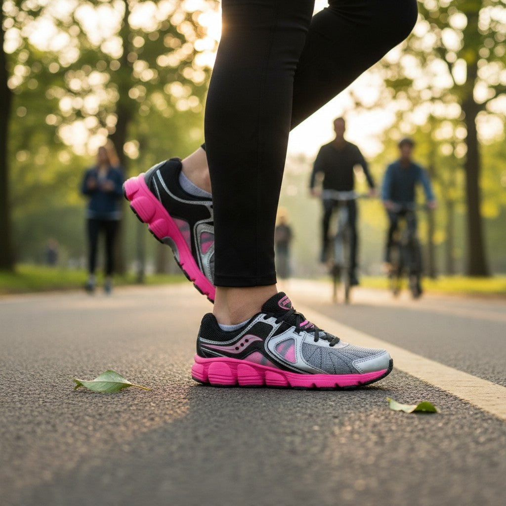 Allen's Bootery Saucony SY-G Kotaro 3 running shoes in silver, black, and pink worn on a park path.