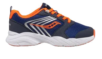 Allen's Bootery Saucony Wind FST navy and orange sneakers with breathable mesh, silver accents, and rubber outsole.