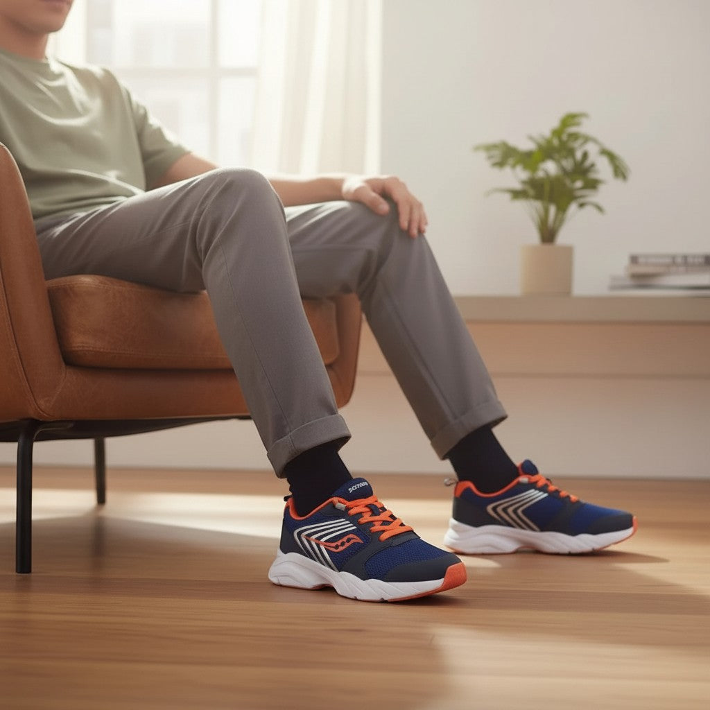 Allen's Bootery Saucony Wind FST navy and orange sneakers with mesh upper and lace closure worn by a child