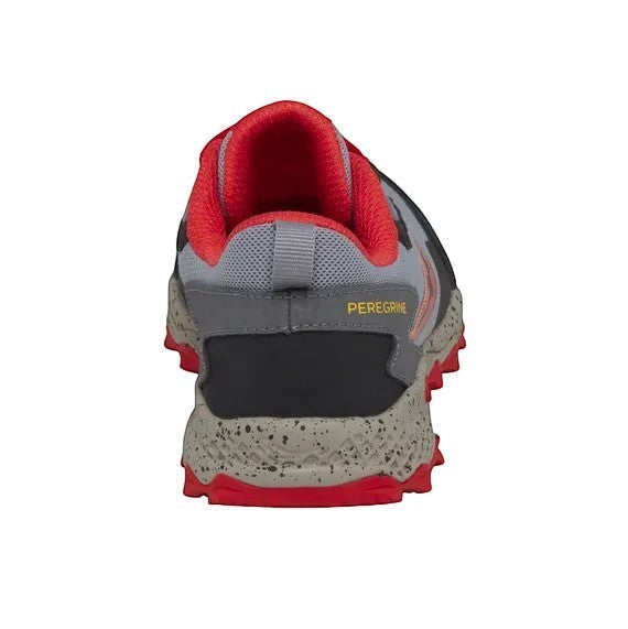 Allen's Bootery Saucony Peregrine KDZ kids trail sneaker in grey, red, and yellow with rugged speckled outsole