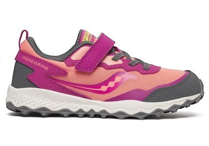 Allen's Bootery Saucony Peregrine pink and grey kids trail running shoe with hook-and-loop strap and mesh upper.