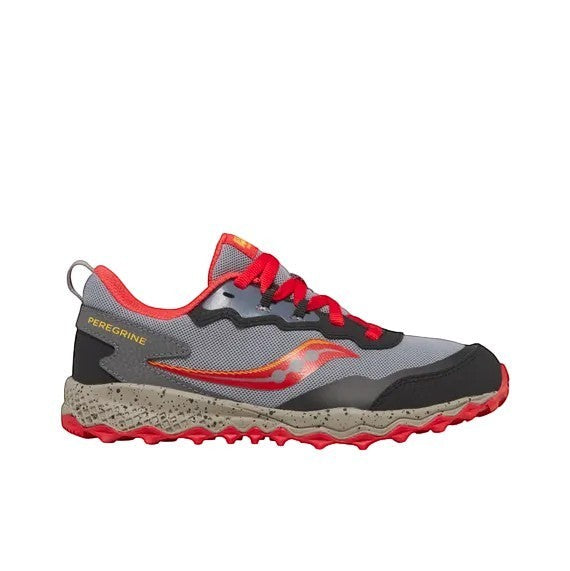 Allen's Bootery Saucony Peregrine KDZ kids trail sneaker in grey with red and yellow accents and rugged outsole