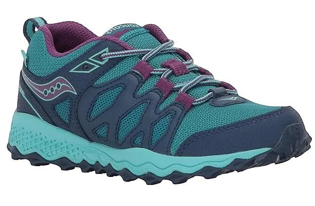 Allen's Bootery Saucony Peregrine Shield big kid's trail sneaker in navy and turquoise with a rugged rubber outsole.