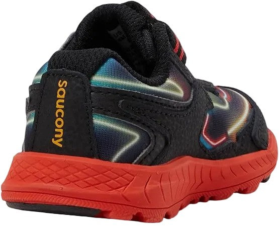 Allen's Bootery Saucony Ride 10 JR toddler sneaker in black with neon accents and a red EVA midsole, rear view.