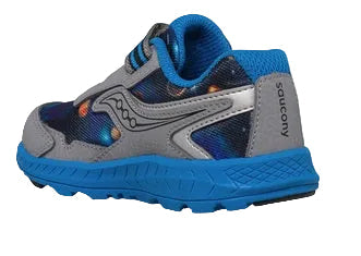 Allen's Bootery Saucony Ride 10 Jr toddler sneaker in grey and blue with a space-themed print and velcro closure.