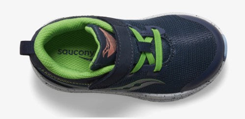 Allen's Bootery Saucony Kinvara 14 navy and green toddler sneaker with hook and loop closure and mesh upper