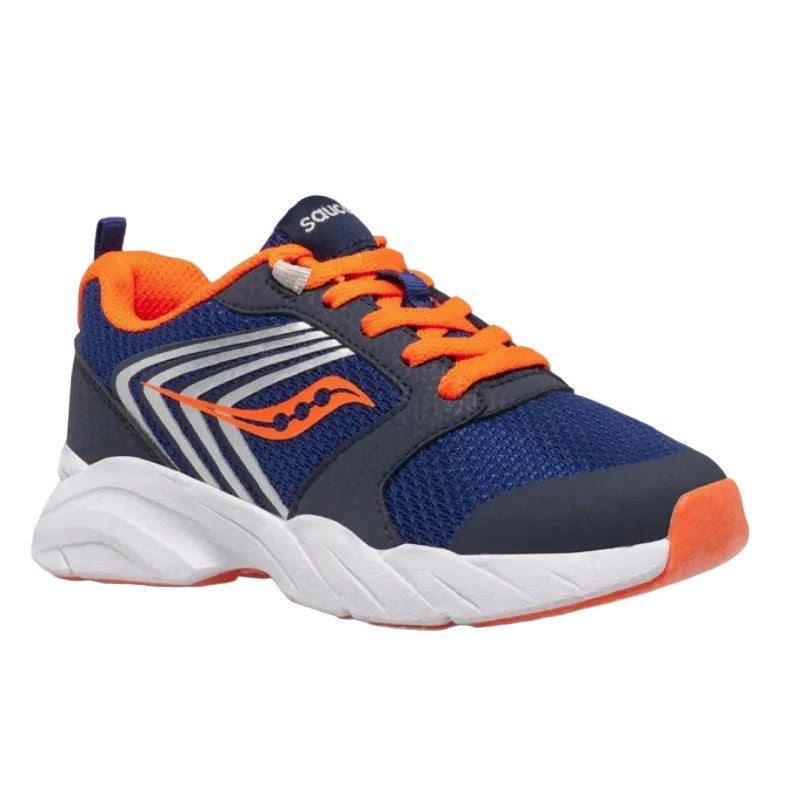 Allen's Bootery Saucony Wind FST little kid's sneaker in navy blue and orange with mesh and leather upper