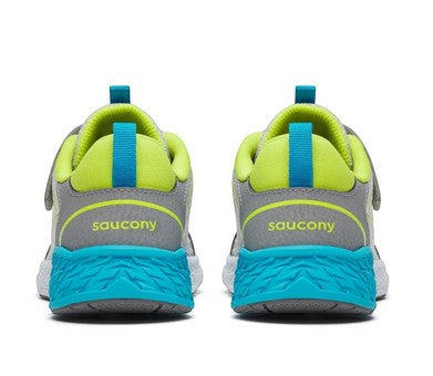 Allen's Bootery Saucony Wind 3.0 kids sneakers in grey and green with bright blue heel details and rubber outsoles.