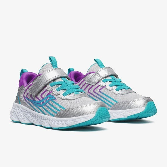 Allen's Bootery Saucony Wind 3.0 AC kids sneakers in silver, turquoise, and purple with hook and loop closure.