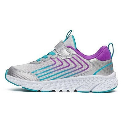 Allen's Bootery Saucony Wind 3.0 AC kids sneakers in silver, turquoise, and purple with hook and loop closure.