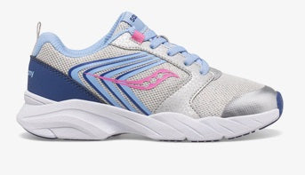 Allen's Bootery Big Kid's Wind FST LTT sneaker in silver, blue, and pink with mesh and leather upper.