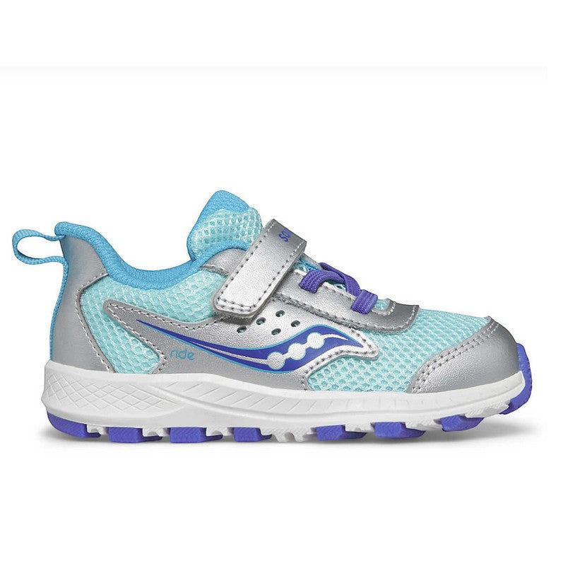 Allen's Bootery Ride Jr. toddler sneaker in silver and turquoise mesh with hook and loop closure and purple accents.