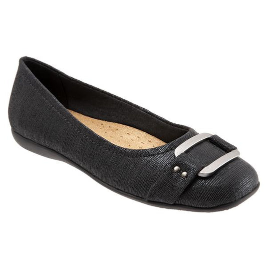 Allen's Bootery Sizzle black metallic ballerina flat with a decorative silver metal buckle on the toe