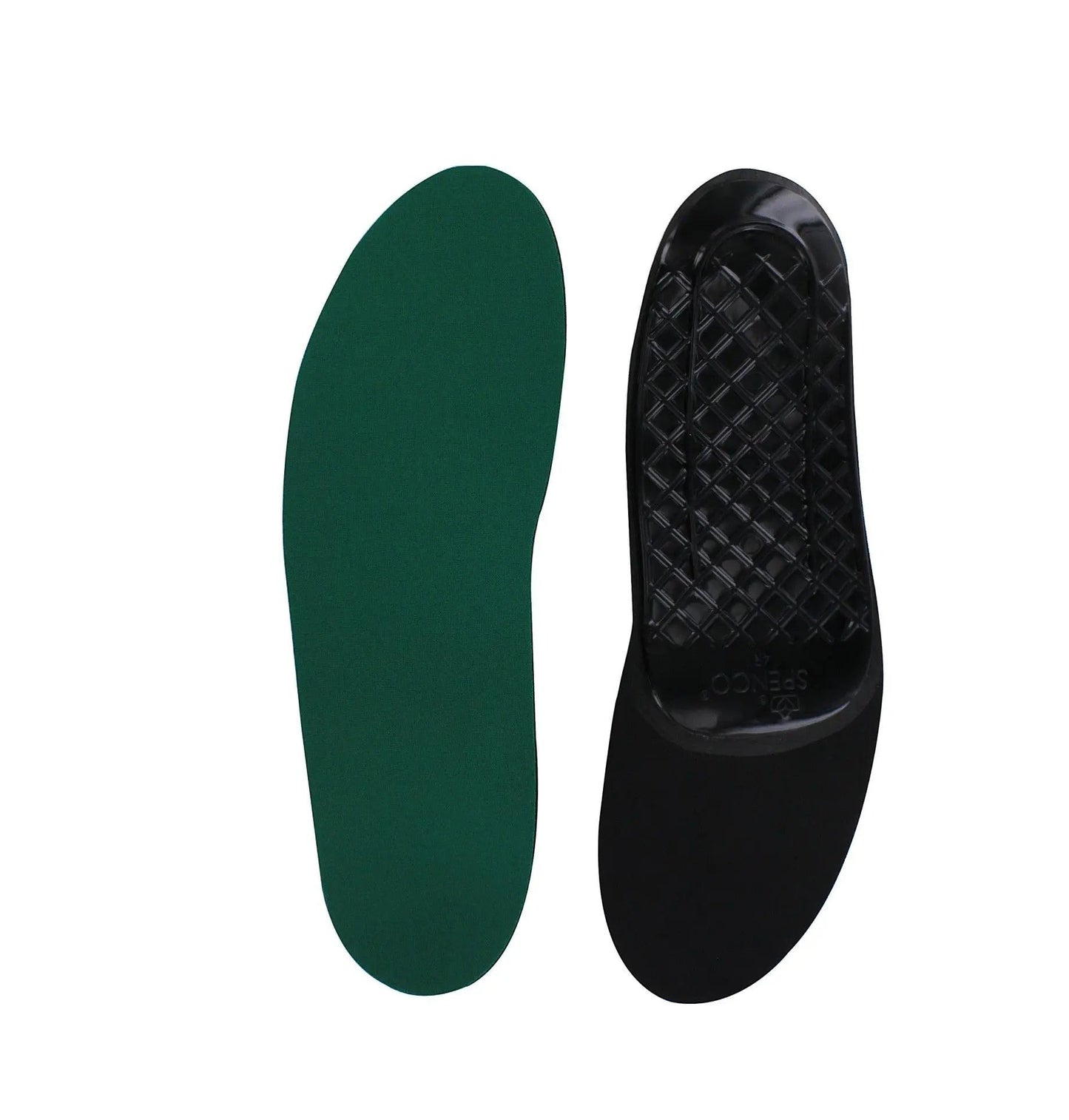 Allen's Bootery Spenco full length orthotic insoles with green fabric top and black molded plastic arch support base.