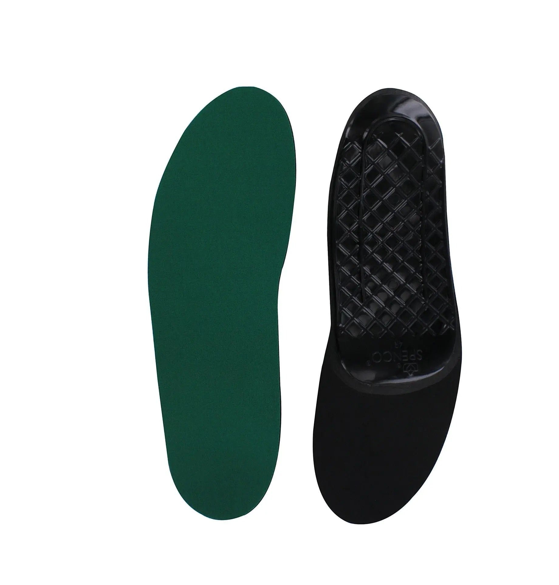 Allen's Bootery Spenco full length orthotic insoles with green fabric top and black molded plastic arch support base.