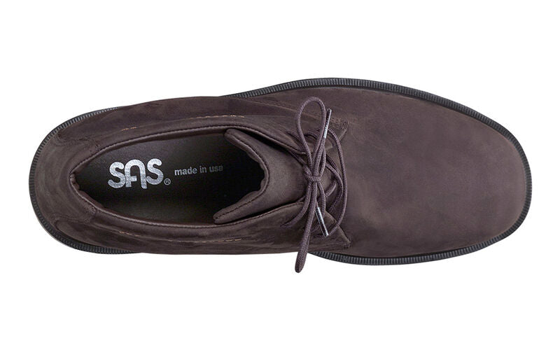 Allen's Bootery Statesman coffee bean brown leather chukka boot viewed from above with lace-up closure