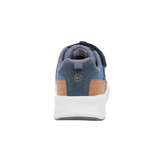Allen's Bootery Stride Rite M2P Brighton navy and tan sneaker, rear view showing padded heel and white rubber sole.